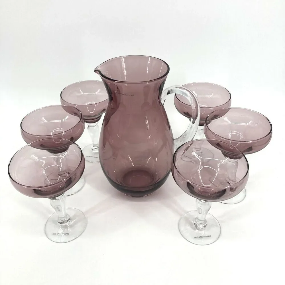 Poland Amethyst Purple Blown Glass Pitcher 6 Margarita Glasses Handmade Barware